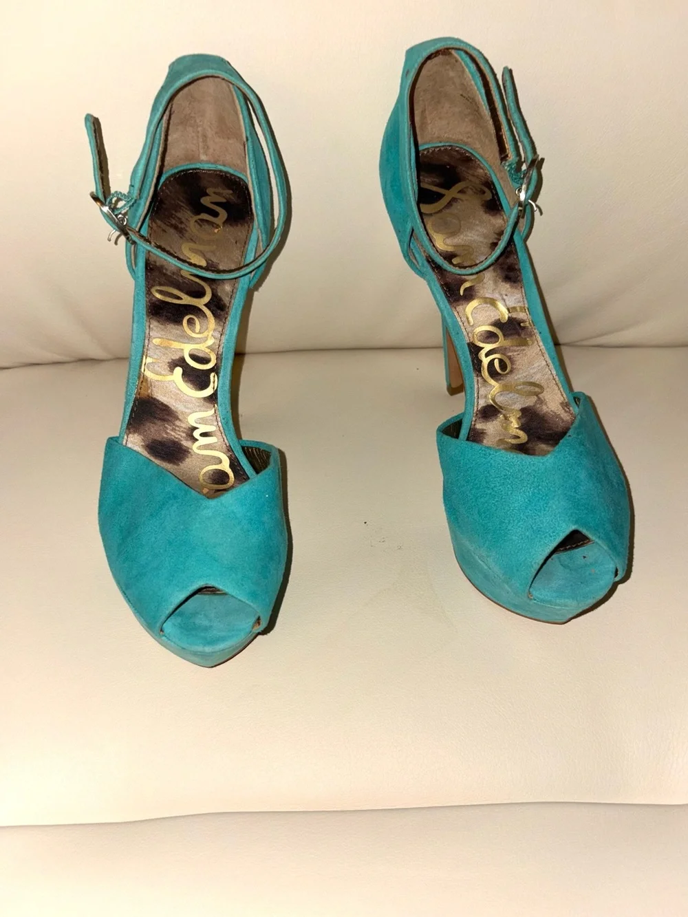 Sam Edelman Teal Suede Peep-Toe Ankle-Strap Heels